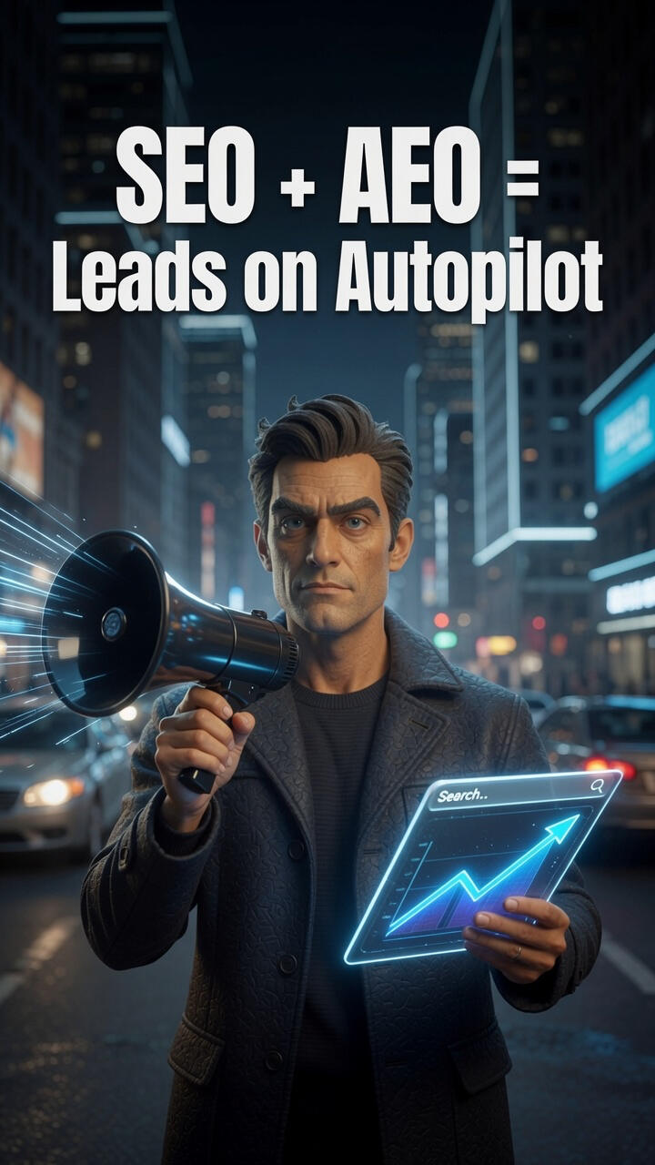 SEO and AEO comparison graphic showing Pro Lead Web Pages benefits — higher Google rankings, organic traffic growth, and AI assistant visibility for HVAC, plumbing, roofing, and electrical contractors