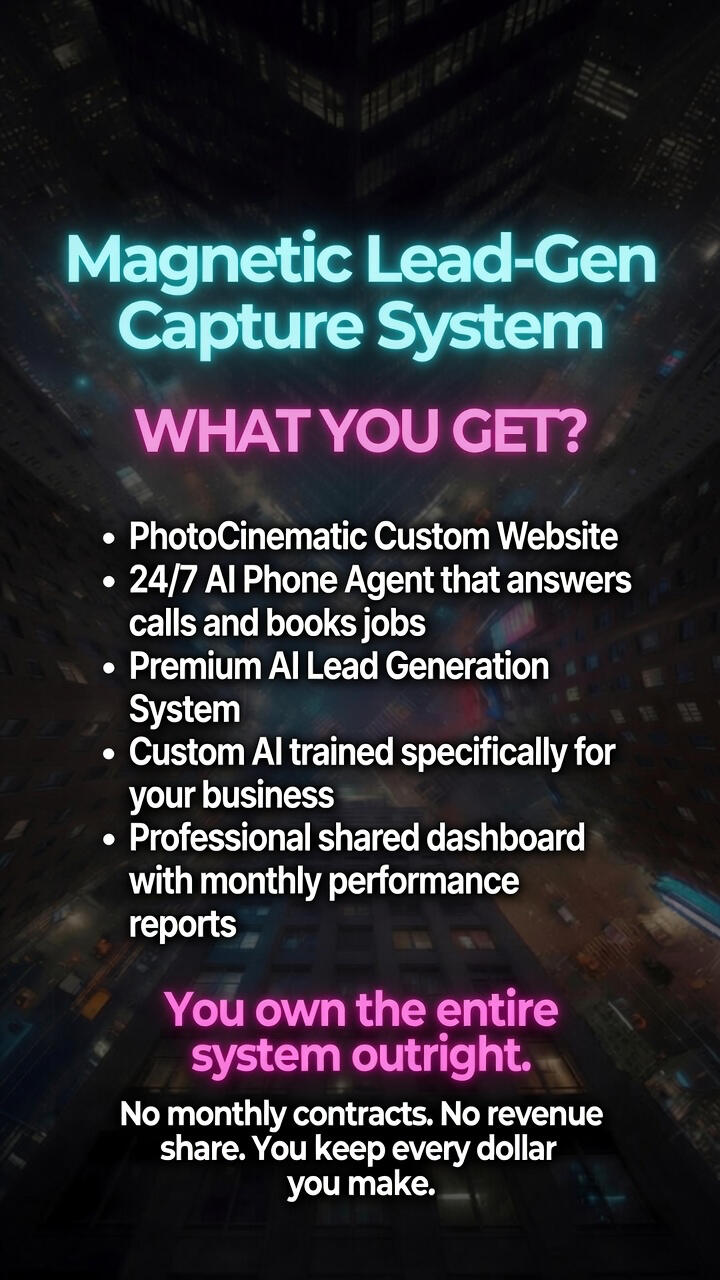 “Contractor lead generation package: PhotoCinematic website, 24/7 AI phone agent, and AI lead system”