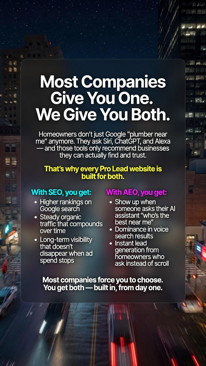 SEO plus AEO strategy graphic for Pro Lead Web Pages — automated lead generation through search engine optimization and answer engine optimization for contractors