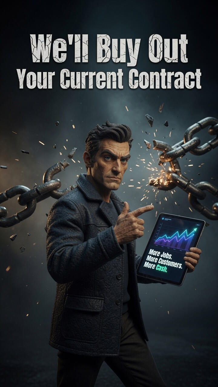 “Contractor breaking free from a bad marketing contract with broken chain graphic”